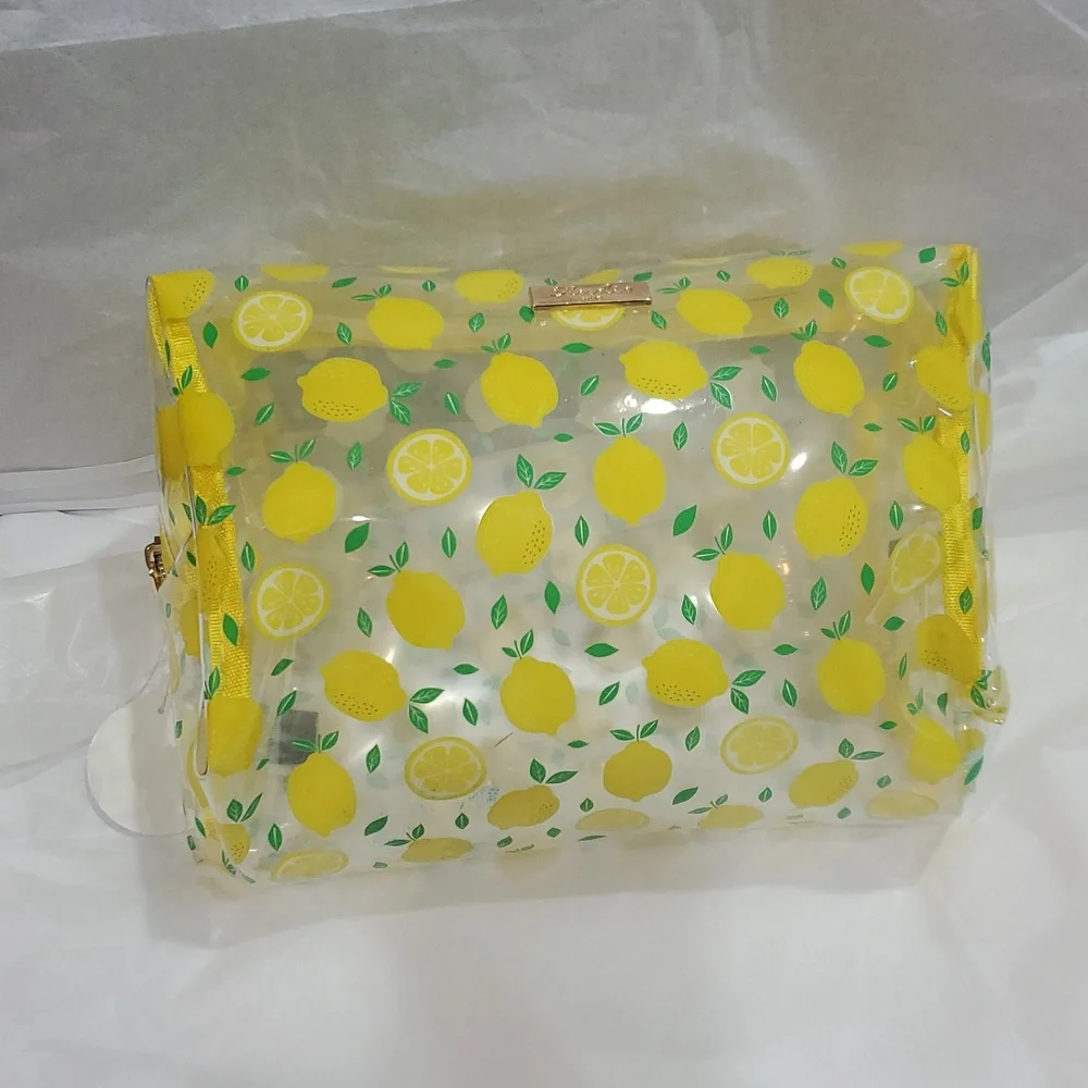 Clear vinyl Citrus lemon yellow print ‎ makeup beauty pouch case new